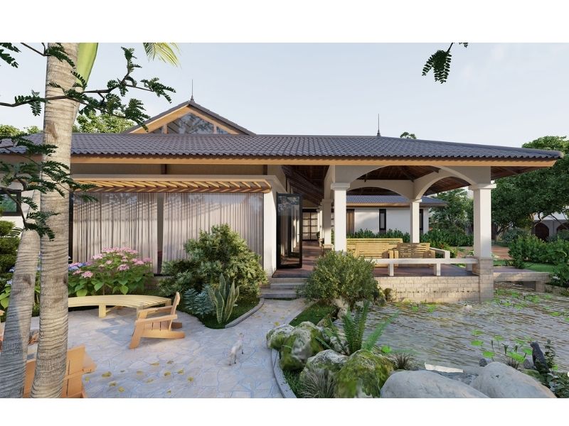 Xây nhà vườn 150m2 kiểu Nhật có tiểu cảnh sân vườn đẹp