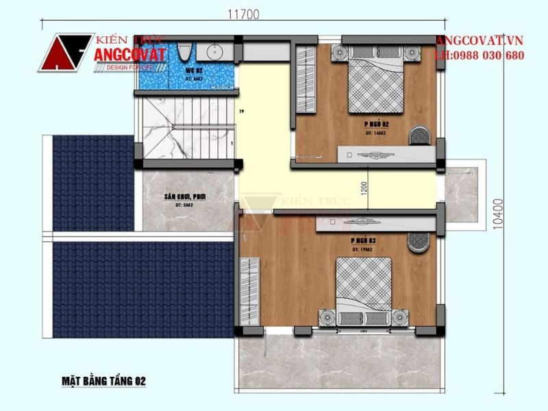 Mặt bằng công năng tầng 2 mẫu thiệt thự vườn 2 tầng 1000m2