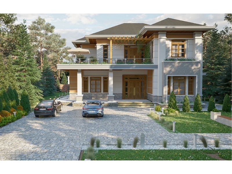 Thiết kế biệt thự nhà vườn 1000m2 mái Nhật chữ L 2 tầng với sân thượng rộng rãi