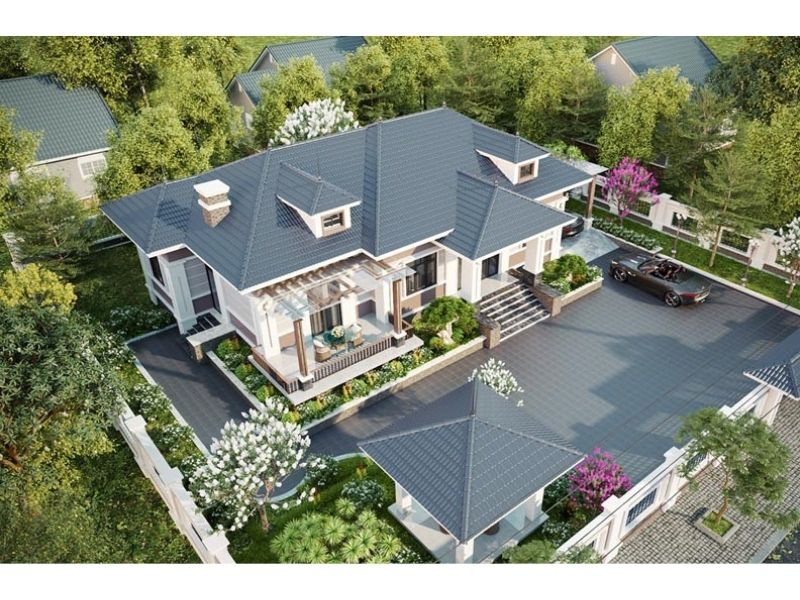 Thiết kế biệt thự vườn 1000m2 mái Nhật có tiểu cảnh sân vườn đẹp tạo không gian sống thoải mái, thư giãn