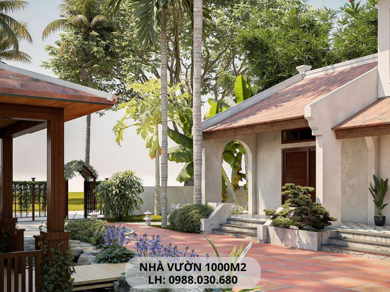 Thiết kế biệt thự nhà vườn 1000m2 kết hợp hài hòa từ thiết kế cho đến màu sắc, cảnh quan sân vườn tạo nên vẻ đẹp bình dị, ấm áp