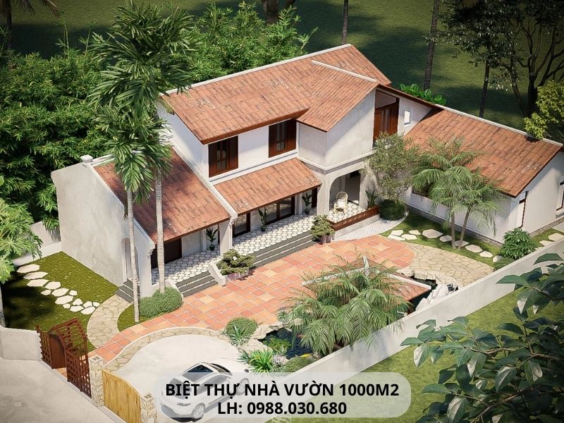 Mẫu biệt thự nhà vườn 1000m2 sử dụng đường nét kiến trúc đơn giản, nhẹ nhàng toát lên vẻ đẹp tinh tế, gần gũi