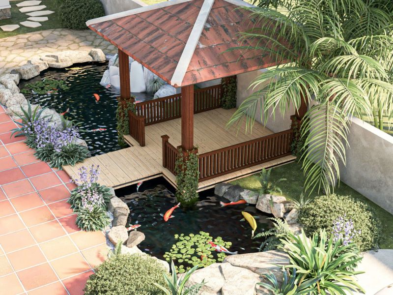 Nhà vườn 1000m2 bố trí hồ cá koi tạo không gian thiên nhiên đẹp và thư giãn