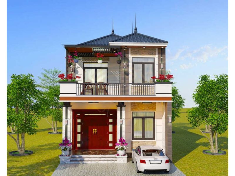 Mặt tiền sang trọng của thiết kế nhà 2 tầng mái Nhật ngang 7m dài 17m