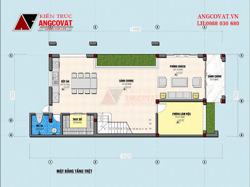 Mặt bằng tầng trệt của thiết kế nhà 2 tầng 7x17m 