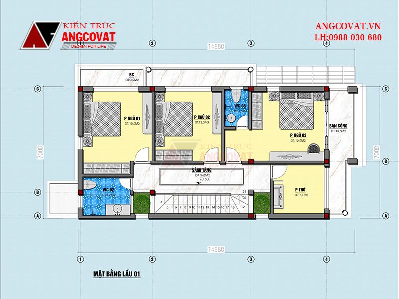 Mặt bằng tầng tầng 2 của thiết kế nhà 2 tầng 7x17m