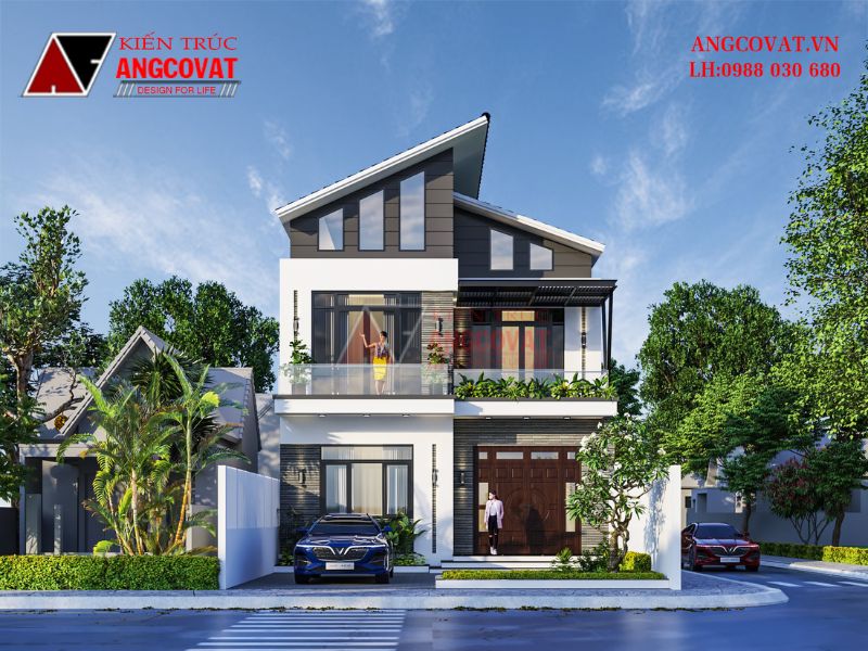 Thiết kế mẫu nhà 2 tầng 7x17m mái lệch độc đáo
