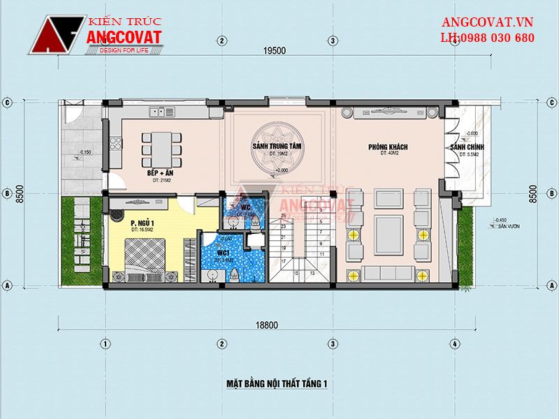 Bản vẽ mặt bằng công năng tầng 1 của mẫu nhà 2 tầng 7x17m