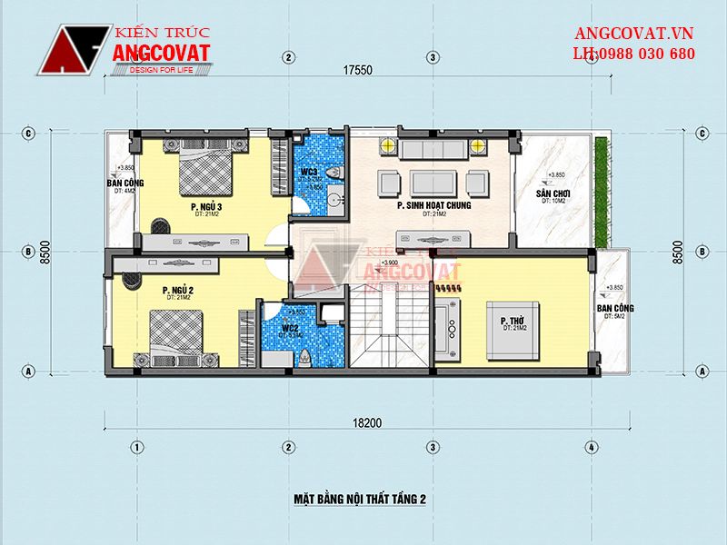 Mặt bằng công năng tầng 2 của mẫu nhà 2 tầng ngang 7m dài 17m