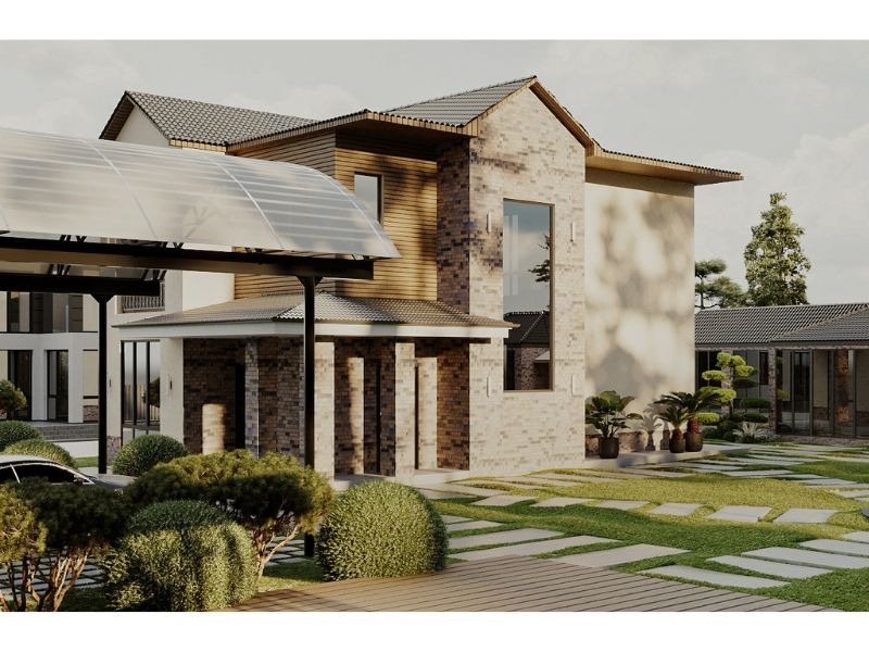 Thiết kế nhà vườn 800m2 sử dụng hệ thống cửa kính tăng sự kết nối với thiên nhiên xanh mát bên ngoài