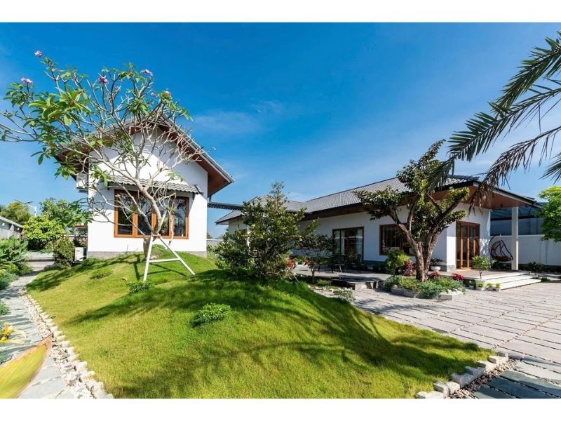 Cảnh quan sân vườn tươi xanh góp phần tạo nên vẻ đẹp thu hút cho công trình nhà vườn 800m2 mái Nhật 1 tầng