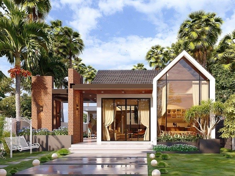 Tư vấn thiết kế nhà vườn 800m2 cấp 4 đẹp sử dụng hệ thống cửa kính hiện đại, tối ưu ánh sáng tự nhiên