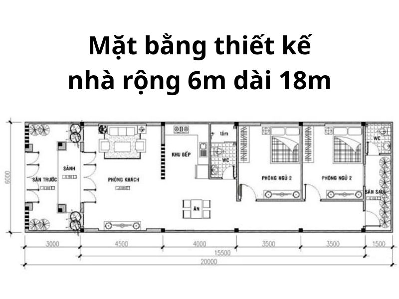 Mặt bằng thiết kế nhà rộng 6m dài 18m 1 tầng đơn giản