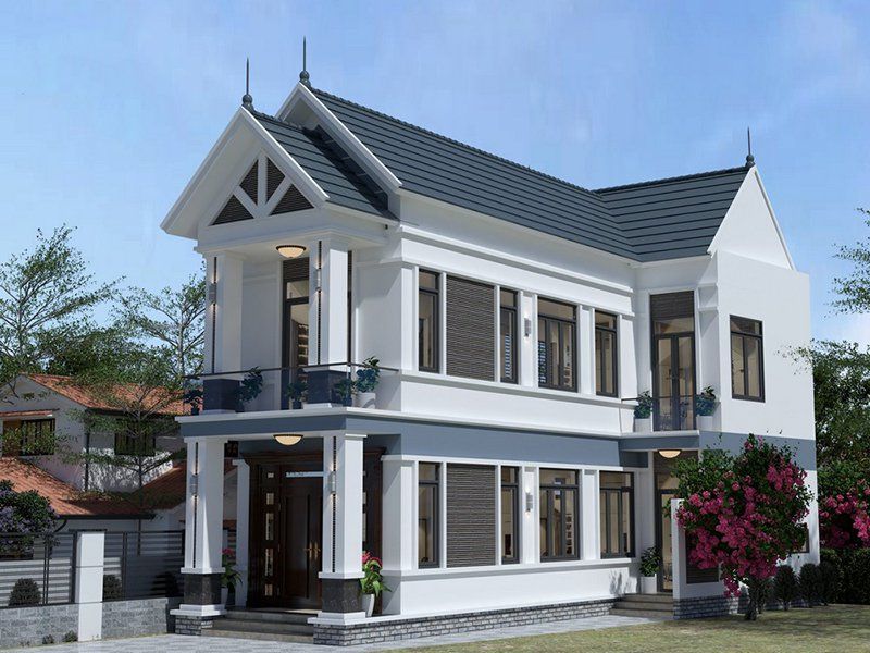 Mẫu nhà 2 tầng mặt tiền 6m dài 18m gam màu trắng sử dụng mái Thái
