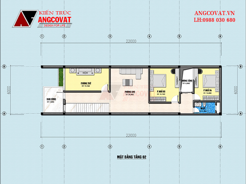 Mặt bằng tầng 2 mẫu nhà rộng 6m dài 18m 2 tầng 4 phòng ngủ