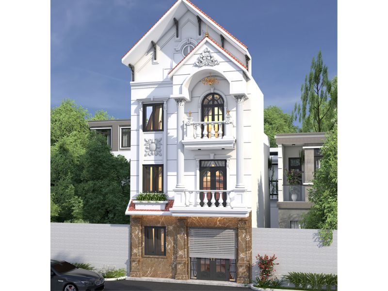 Mẫu nhà 3 tầng mặt tiền 7 5m mái Thái có gara để xe tiện lợi