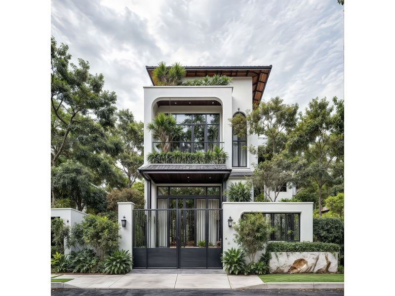 Thiết kế nhà 3 tầng mặt tiền 7 5m phong cách indochine 