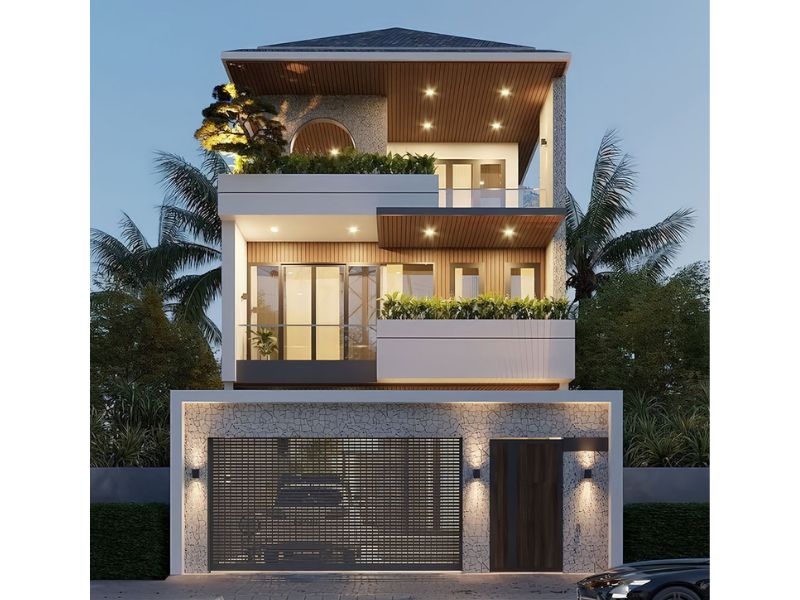 Những ánh đèn lung linh hắt xuống vật liệu gỗ tạo nên không gian sống ấm cúng, gần gũi trong ngôi nhà 3 tầng 