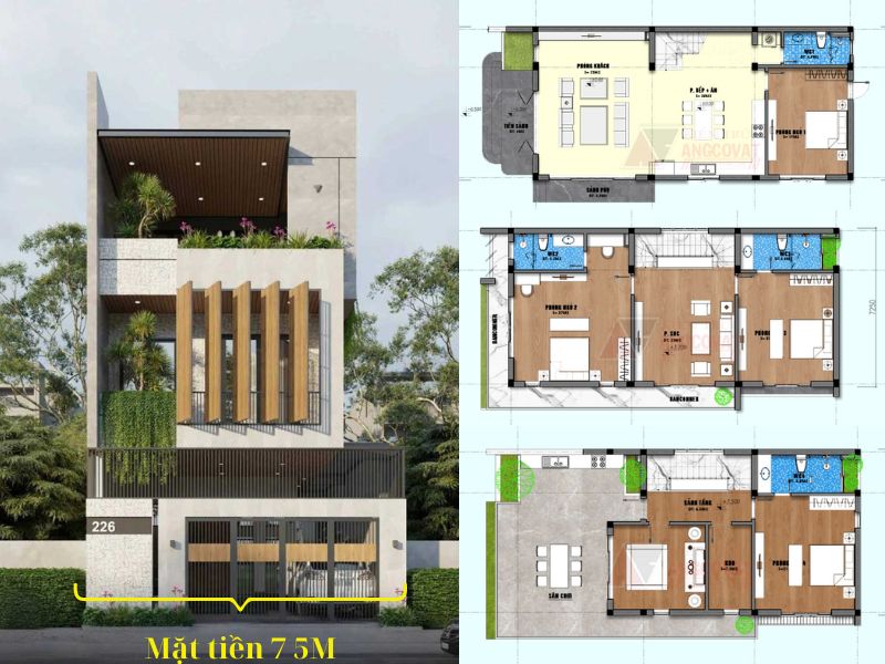 Mặt bằng nhà 3 tầng bố trí tiện nghi, khoa học 