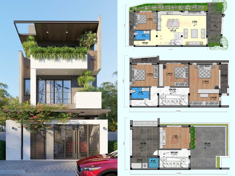 Bản vẽ thiết kế nhà 3 tầng 7 5m 4 phòng ngủ 1 phòng thờ 