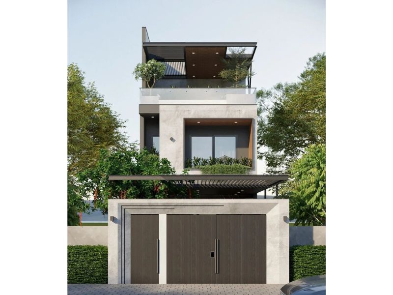 Các hình khối lồi lõm linh hoạt làm nên vẻ đẹp phóng khoáng, hiện đại cho ngôi nhà 3 tầng mặt tiền 7 5m 