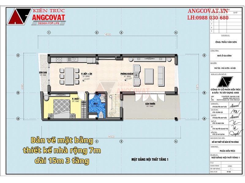 Mặt bằng bản vẽ tầng 1 của thiết kế nhà rộng 7m dài 15m 3 tầng