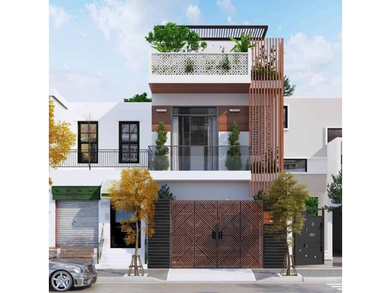 Vẻ ngoại thất sang trọng, hài hòa từ kiến trúc đến màu sắc của thiết kế nhà rộng 7m dài 15m 3 tầng