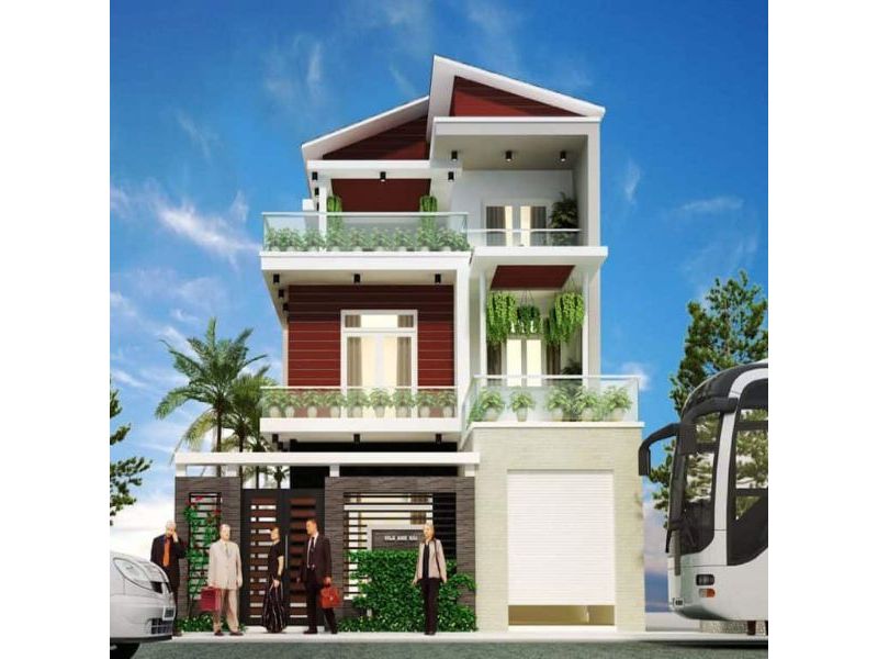 Xây nhà mặt tiền 7m sâu 15m 3 tầng mái lệch đẹp có tiểu cảnh xanh mát