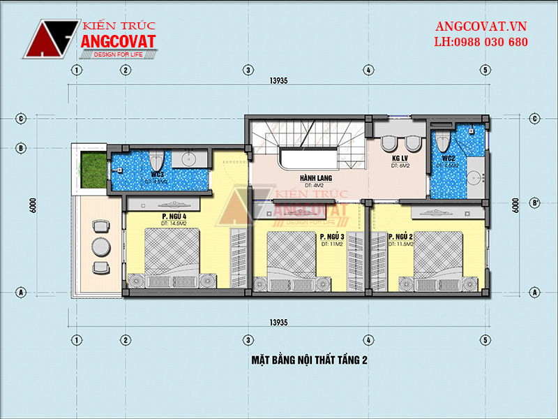 Mặt bằng công năng tầng 2 của công trình nhà 3 tầng 7x15m
