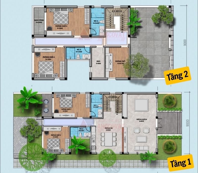 Công năng mặt bằng nhà 2 tầng rộng 8m mái ngói truyền thống