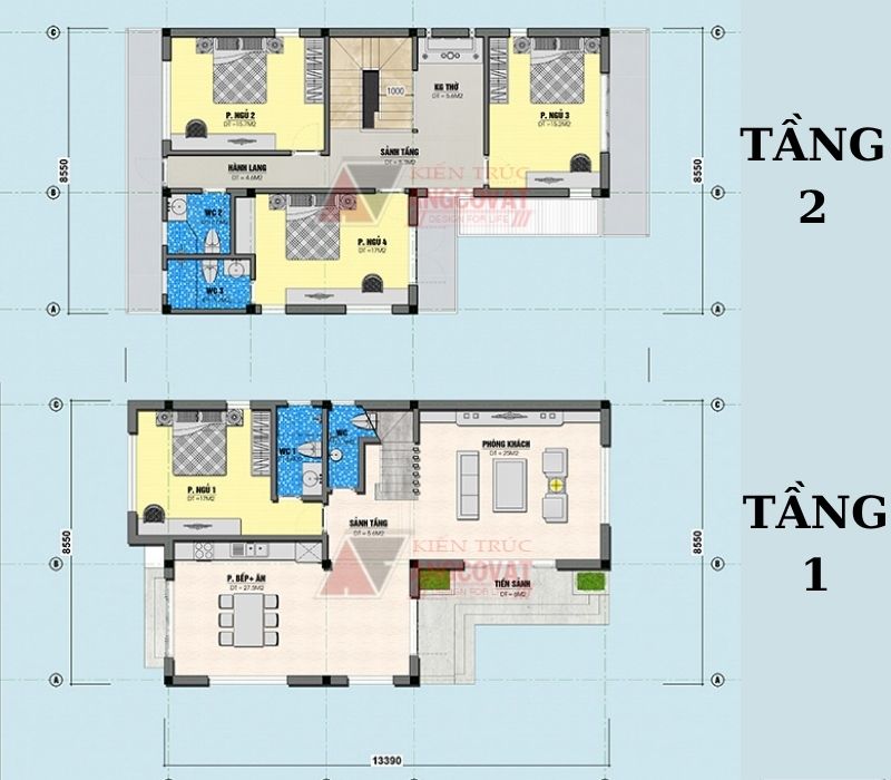 Bản vẽ mặt bằng công năng nhà 2 tầng mặt tiền 8m 4 phòng ngủ