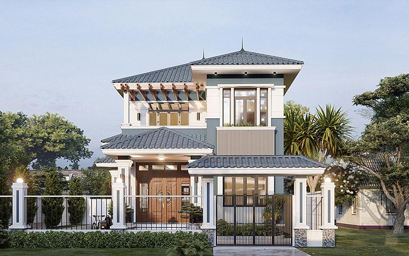 Xây nhà 2 tầng mái Nhật mặt tiền rộng 8m sang trọng
