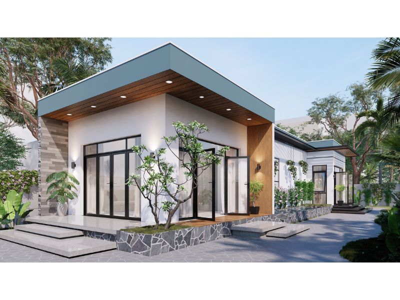 Thiết kế nhà cấp 4 hiện đại sử dụng hệ cửa kính tối ưu ánh sáng tự nhiên 