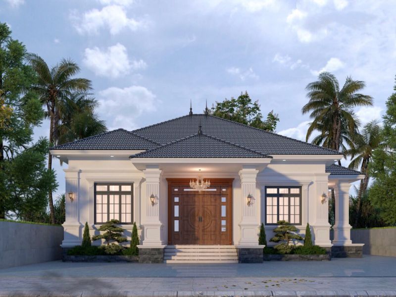 Hệ trụ cột sảnh hiên kiên cố tạo nét đẹp khỏe khoắn, bề thế cho mẫu nhà cấp 4 3 phòng ngủ 