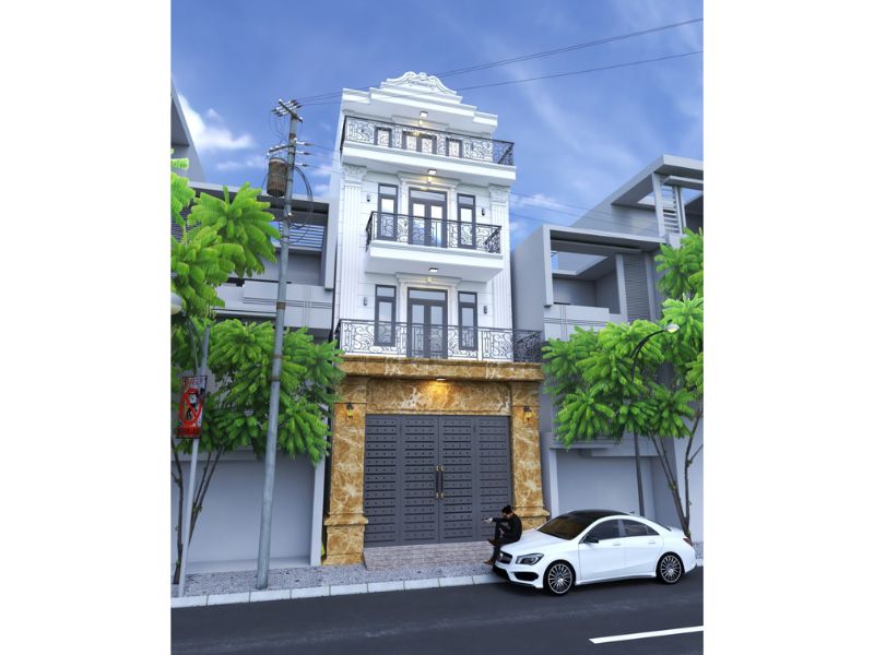 Thiết kế nhà 5x15m thang máy tân cổ điển với lan can họa tiết và trang trí tinh tế mang tới vẻ ngoài sang trọng