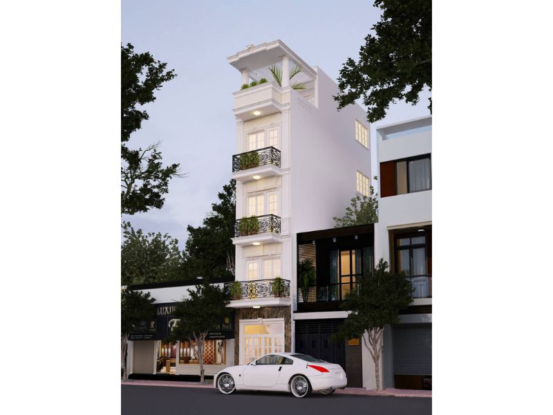 Vẻ ngoài trắng sáng nổi bật của thiết kế nhà 5x15m có thang máy