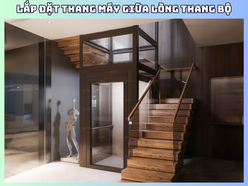 Hình ảnh lắp đặt thang máy giữa lòng cầu thang bộ của mẫu nhà 5x15m