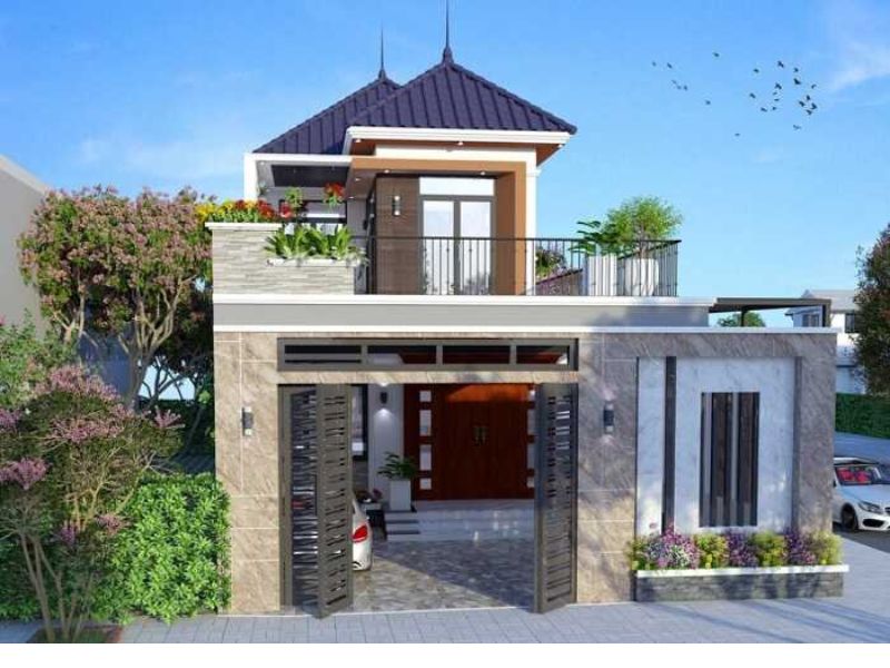 Mặt tiền ấn tượng với hình khối linh hoạt của ngôi nhà 2 tầng mặt tiền 6m