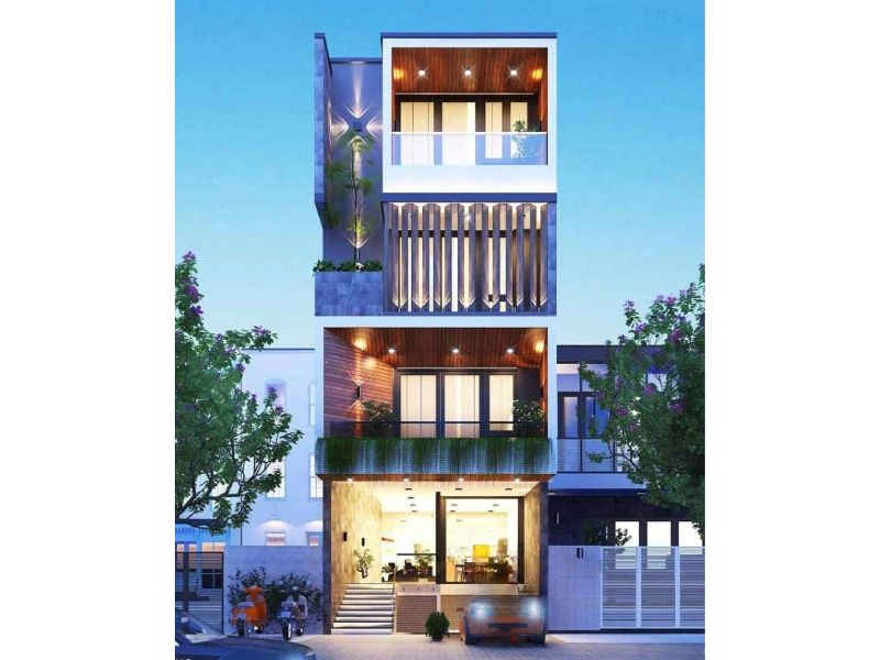 Nhà có tầng hầm lửng hiện đại với vách kính trong suốt tăng cường ánh sáng và thông gió tự nhiên