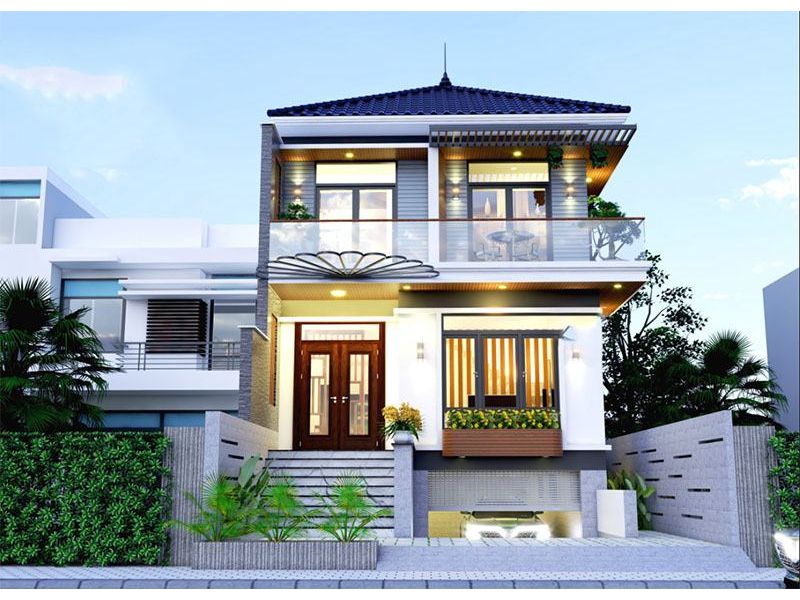 Nhà 2 tầng mái Nhật có tầng bán hầm 