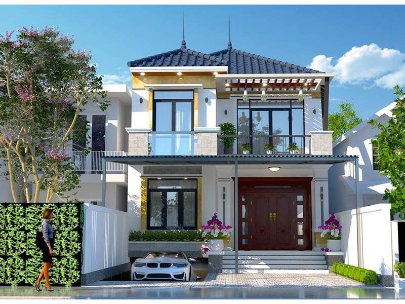 Xây nhà 2 tầng tân cổ điển mái Nhật có tầng hầm lửng