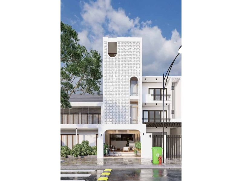Hệ thống lam chắn trong mẫu nhà 4 tầng 50m2 vừa tăng tính thẩm mỹ vừa mang tới không gian thoáng đãng