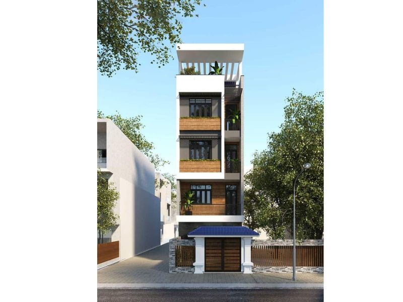 Tham khảo mẫu nhà 4 tầng 50m2 hiện đại có hình khối vuông vức, rõ ràng tạo vẻ đẹp mạnh mẽ, khỏe khoắn