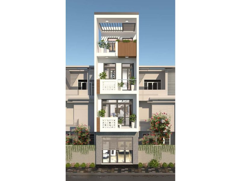 Kết hợp màu sắc hài hòa trong mẫu nhà 4 tầng 50m2 mái bằng