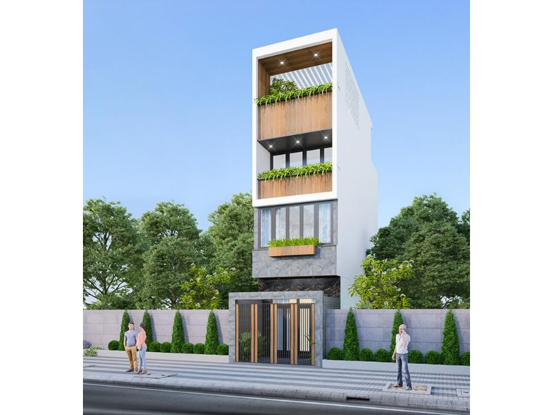 Kiến trúc nhà 4 tầng 50m2 lồng ghép với thiên nhiên tươi xanh, thoáng đãng