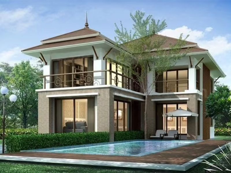 Mẫu nhà 2 tầng có sân vườn và bể bơi 300m2