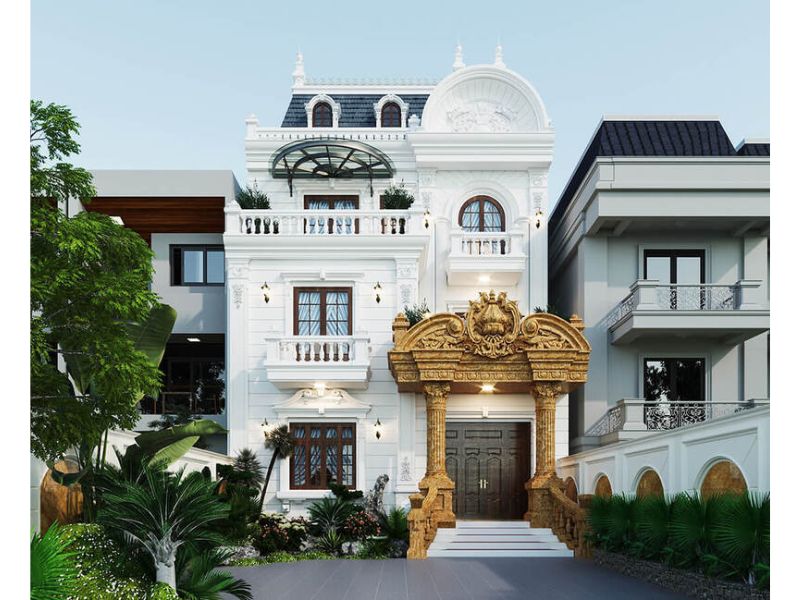 Mẫu nhà 3 tầng cổ điển 9x12m với hoa văn chạm trổ tinh xảo 