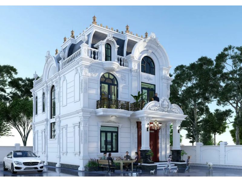 Thiết kế 2 tầng mái Mansard cổ điển 100m2  sơn trắng sang trọng trong tầm giá 3 tỷ 
