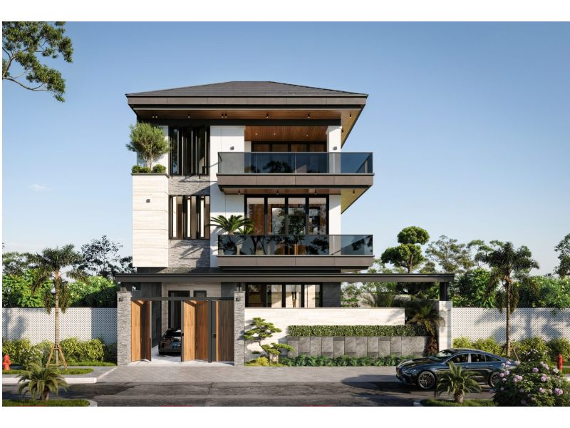 Thiết kế nhà 3 tầng mái Nhật 100m2 với ban công đua rộng đón ánh sáng và gió tự nhiên 