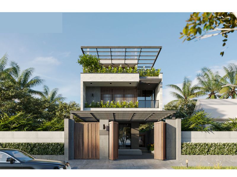 Xây nhà phố 3 tỷ 2 tầng 1 tum có tiểu cảnh xanh mát, thoáng đãng 